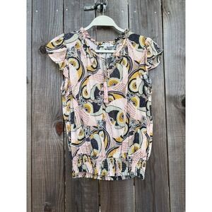 Rose & Olive Women's Paisley Print‎ Smocked Waist Tie Neck Cap Sleeve Top